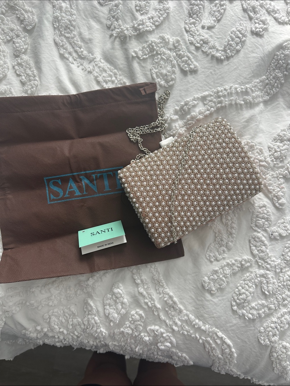 SANTI Pearl-Embellished Evening Clutch in Champagne